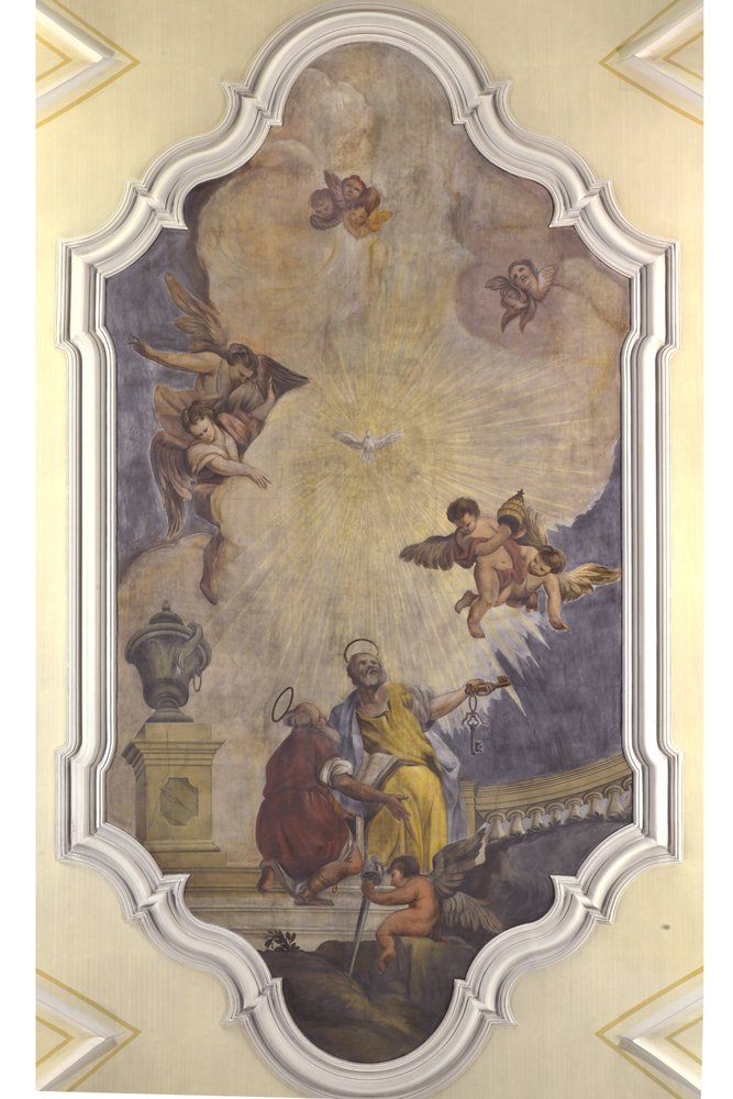 San Pietro che riceve la tiara papale e san Paolo in ginocchio, XVIII sec, chiesa parrocchiale di San Pietro Apostolo, Azzano Decimo