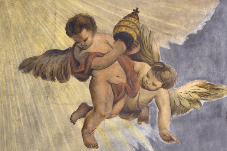 San Pietro che riceve la tiara papale e san Paolo in ginocchio, XVIII sec, particolare, chiesa parrocchiale di San Pietro Apostolo, Azzano Decimo