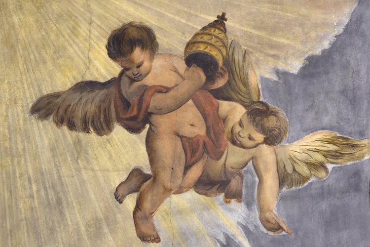 San Pietro che riceve la tiara papale e san Paolo in ginocchio, XVIII sec, particolare, chiesa parrocchiale di San Pietro Apostolo, Azzano Decimo