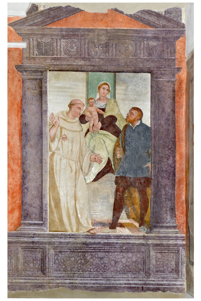 Francesco Pasiani, Vergine con il Bambino, san Francesco e santo martire, seconda metà del sec. XVI, oratorio della Santa Croce, vista dell'interno, Azzano Decimo