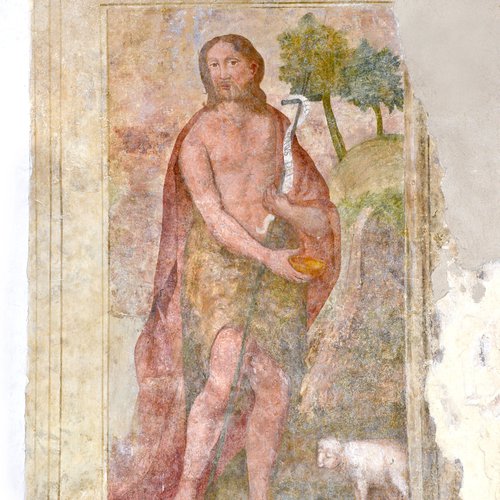 Giuseppe Moretto e altri, San Giovanni Battista, seconda metà del sec. XVI, oratorio della Santa Croce, vista dell'interno, Azzano Decimo