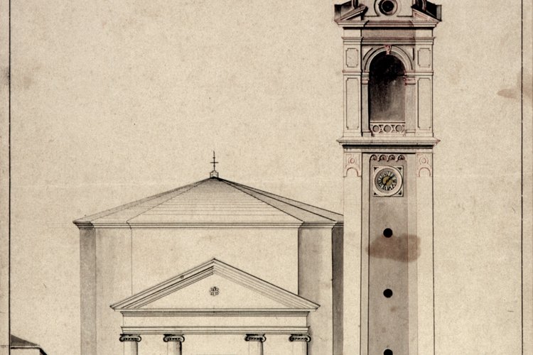 Chiesa di San Lorenzo martire di Talmassons, disegno del nuovo campanile del capomastro Angelo Bigaro di Mortegliano, 1891