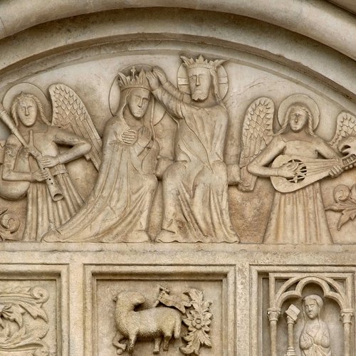 Duomo di Spilimbergo, portale in pietra, incoronazione della Vergine, Zenone da Campione, 1376