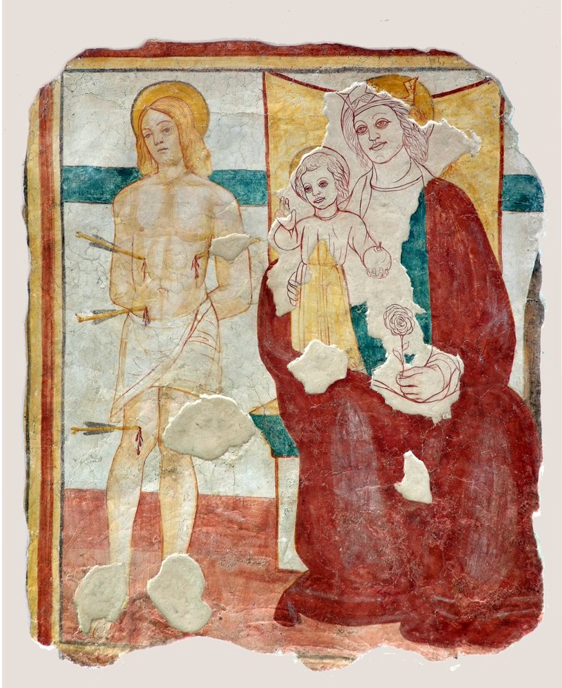 Seguace di Andrea Bellunello, Madonna col Bambino e san Sebastiano, inizi del sec. XVI