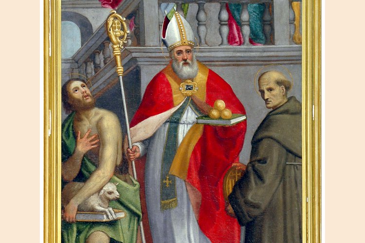 Secante Secanti (?), La Visitazione e i Ss. Giovanni Battista, Nicola di Bari  e Bernardino da Siena, inizio sec. XVII