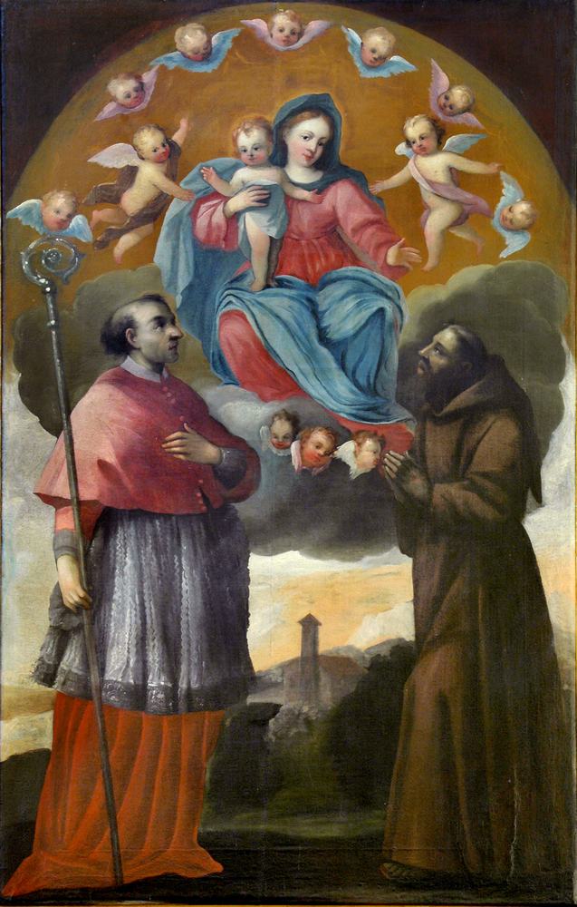 Chiesa parrocchiale di Variano, Autore ignoto, Madonna col bambino tra i Santi Carlo Borromeo e Francesco, prima metà sec. XVII
