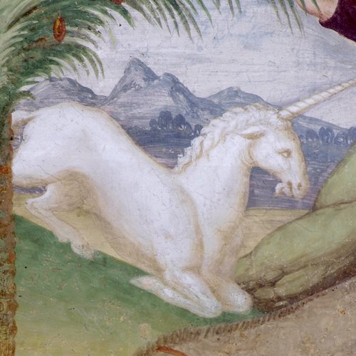 Duomo di Spilimbergo, navata meridionale, fuga in Egitto, particolare, attribuito a Girolamo Stefanelli, XVI sec.