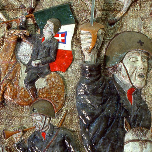 Michele Ugo Galiussi (cartone) - Giancarlo Piani (esecutore), La carica della cavalleria ad Ibuscensky, 1980, altorilievo ceramico