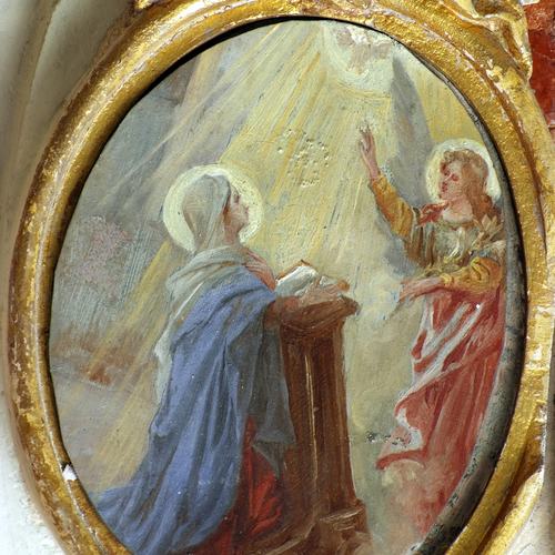 Chiesa parrocchiale di Variano, Luigi Filipponi, Annunciazione, medaglione, Altare della Beata Vergine del Rosario, 1745