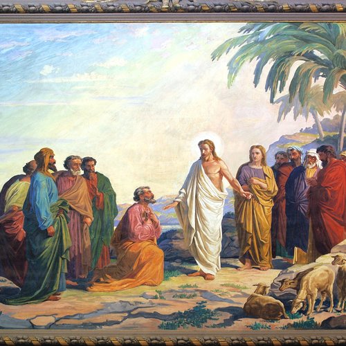 Pompeo Randi, Leonardo Rigo: La consegna delle chiavi, affresco, 1878-1882