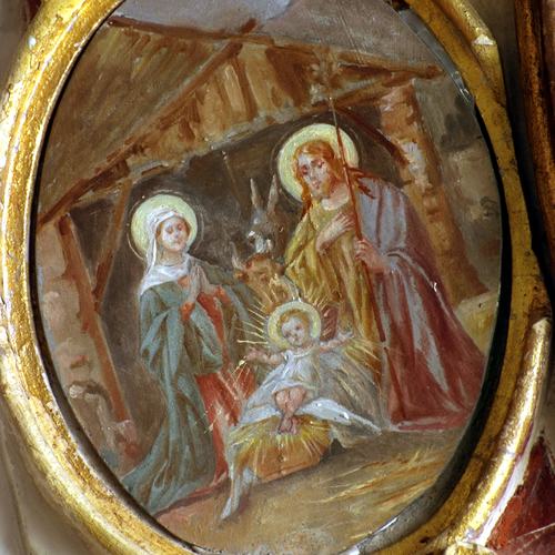 Chiesa parrocchiale di Variano, Luigi Filipponi, Natività, medaglione, Altare della Beata Vergine del Rosario, 1745