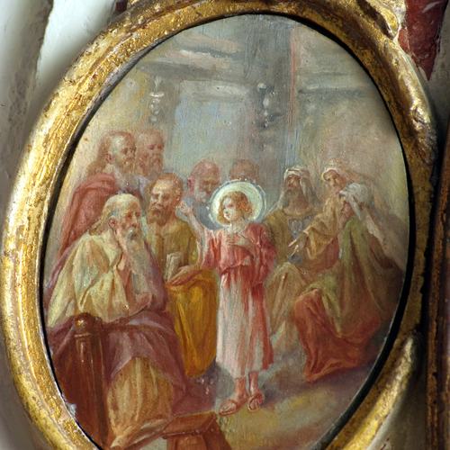 Chiesa parrocchiale di Variano, Luigi Filipponi, Gesù nel Tempio, medaglione, Altare della Beata Vergine del Rosario, 1745