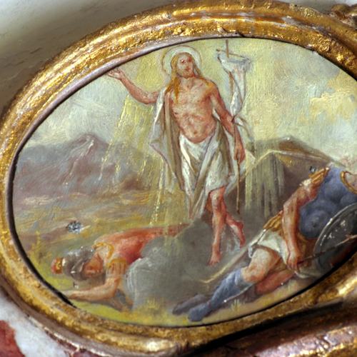 Chiesa parrocchiale di Variano, Luigi Filipponi, Resurrezione, medaglione, Altare della Beata Vergine del Rosario, 1745