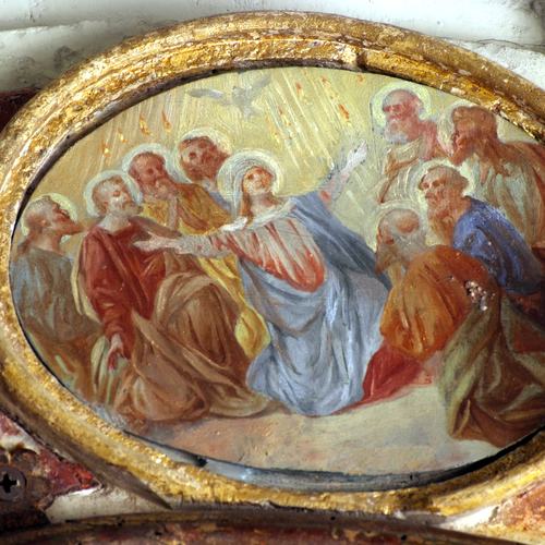 Chiesa parrocchiale di Variano, Luigi Filipponi, Discesa dello Spirito Santo, medaglione, Altare della Beata Vergine del Rosario, 1745