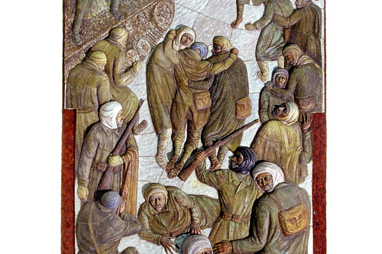 Enore Pezzetta, La battaglia di Nikolajewka, 1974 - 1975, altorilievo ceramico