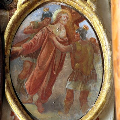 Chiesa parrocchiale di Variano, Luigi Filipponi, Salita al Calvario, medaglione, Altare della Beata Vergine del Rosario, 1745