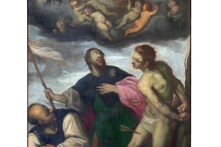 Chiesa parrocchiale di Variano, Gian Giacomo Contieri, l'Eterno Padre in gloria ed i santi Rocco, Sebastiano e Leonardo, altare di San Rocco, 1772-1775