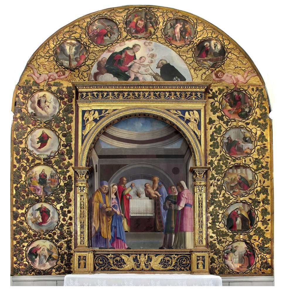 Duomo di Spilimbergo, navata meridionale, Giovanni Martini, Presentazione al tempio e cornice dorata, 1503; Gasparo Nervesa, Misteri del Rosario e lunetta, 1627