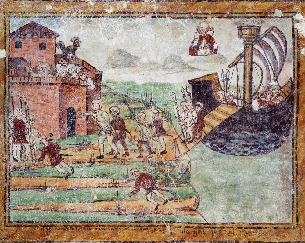 Chiesetta campestre di San Leonardo, affeschi parete destra, Miracolo di San Nicola, sec. XVI, Variano