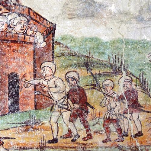 Chiesetta campestre di San Leonardo, affeschi parete destra, Miracolo di San Nicola, particolare, sec. XVI, Variano