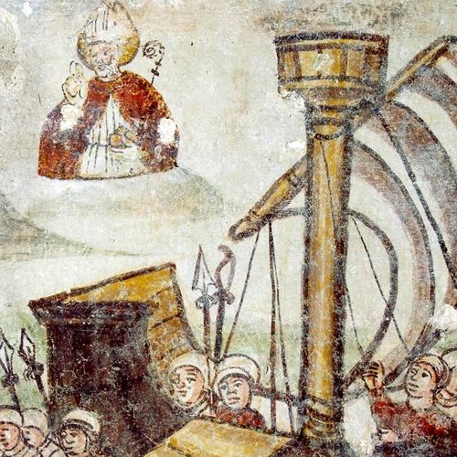 Chiesetta campestre di San Leonardo, affeschi parete destra, Miracolo di San Nicola, particolare, sec. XVI, Variano