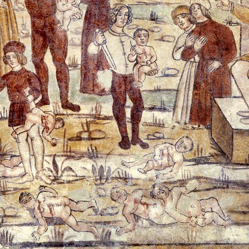 Chiesetta campestre di San Leonardo, affeschi parete destra, Strage degli Innocenti, sec. XVI, Variano