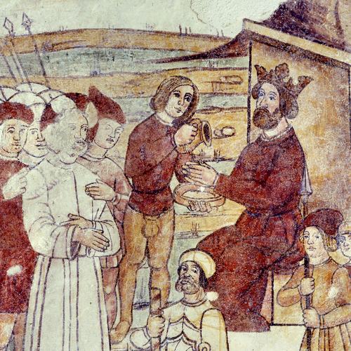 Chiesetta campestre di San Leonardo, affeschi parete destra, Cristo davanti a Pilato, sec. XVI, Variano