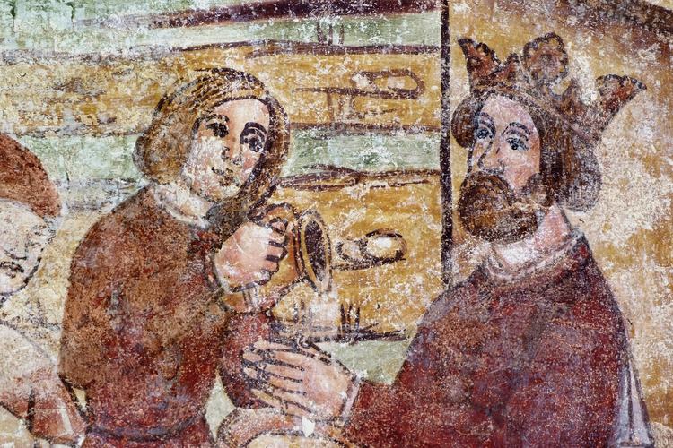 Chiesetta campestre di San Leonardo, affeschi parete destra, Cristo davanti a Pilato, particolare, sec. XVI, Variano