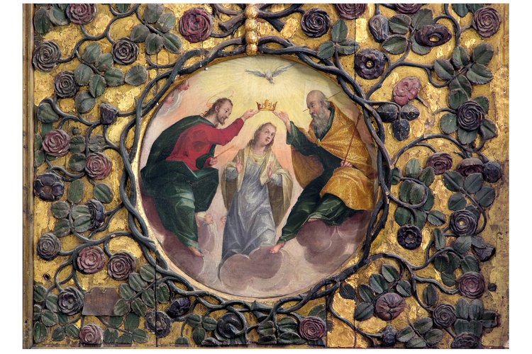 Duomo di Spilimbergo, navata meridionale, Gasparo Nervesa, incoronazione della Vergine, particolare dei Misteri del Rosario e lunetta, 1627