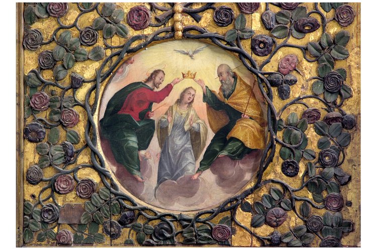 Duomo di Spilimbergo, navata meridionale, Gasparo Nervesa, incoronazione della Vergine, particolare dei Misteri del Rosario e lunetta, 1627