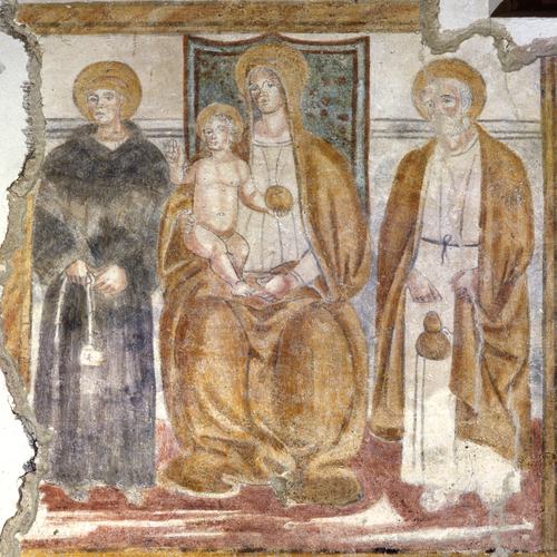 Chiesetta campestre di San Leonardo, affeschi parete destra, Madonna in trono con Bambino e San Giacomo e Leonardo, Santo Osvaldo, sec. XVI, Variano