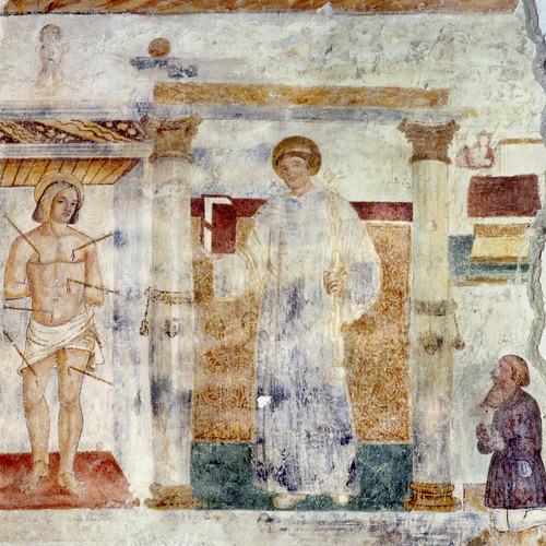 Chiesetta campestre di San Leonardo, affeschi parete destra, San Sebastiano e San Leonardo, sec. XVI, Variano