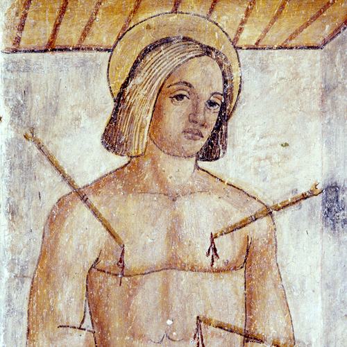 Chiesetta campestre di San Leonardo, affeschi parete destra, San Sebastiano, particolare, sec. XVI, Variano