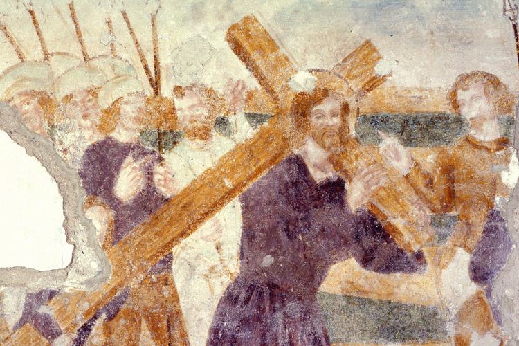 Chiesetta campestre di San Leonardo, affeschi parete destra, Salita al Calvario, sec. XVI, Variano