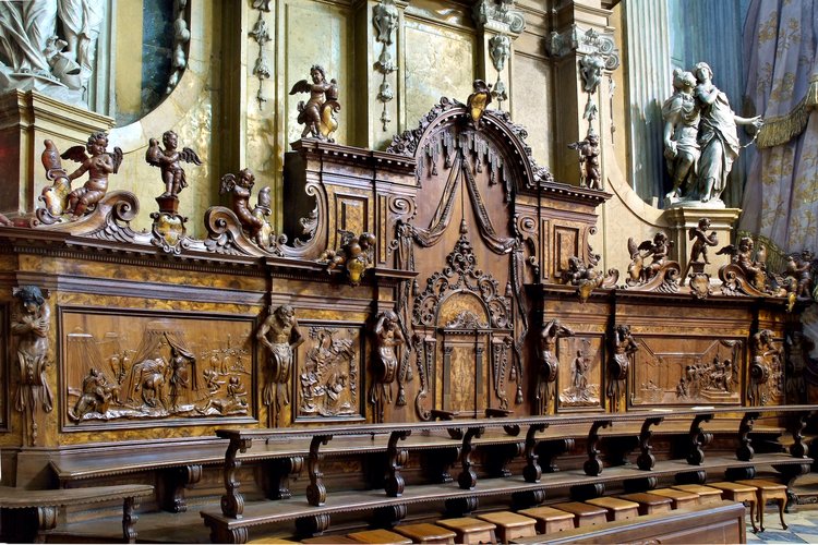 Duomo Udine, Mausolei Manin, stalli lignei del coro, storie dell'Antico Testamento, 1720-1721