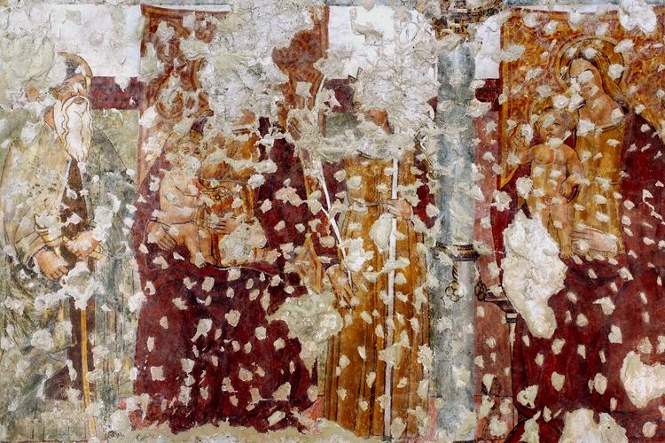 Chiesetta campestre di San Leonardo, affreschi della parete sinistra, Madonna tra sant’Antonio abate e una santa martire e Madonna con un santo diacono e San Michele arcangelo, sec.XVI, Variano