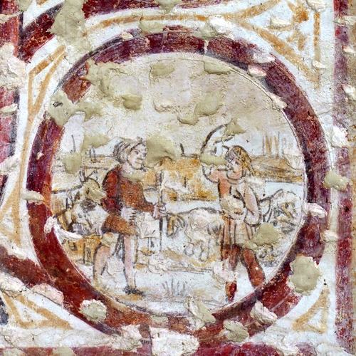 Chiesetta campestre di San Leonardo, affreschi della parete sinistra, tondi raffiguranti scene di vita quotidiana, sec.XVI, Variano