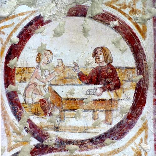 Chiesetta campestre di San Leonardo, affreschi della parete sinistra, tondi raffiguranti scene di vita quotidiana, sec.XVI, Variano