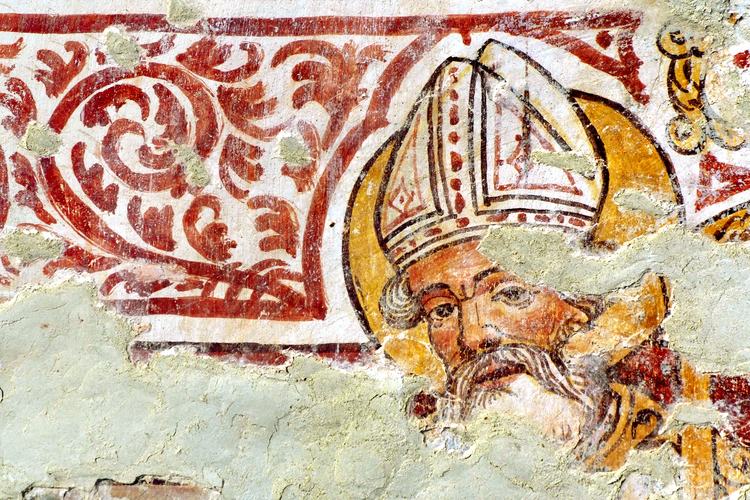 Chiesetta campestre di San Leonardo, affreschi della parete sinistra, Santo Vescovo, sec.XVI, Variano