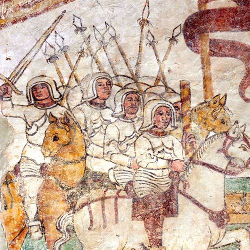 Chiesetta campestre di San Leonardo, arco trionfale, Crocifissione, particolare, sec. XVI, Variano
