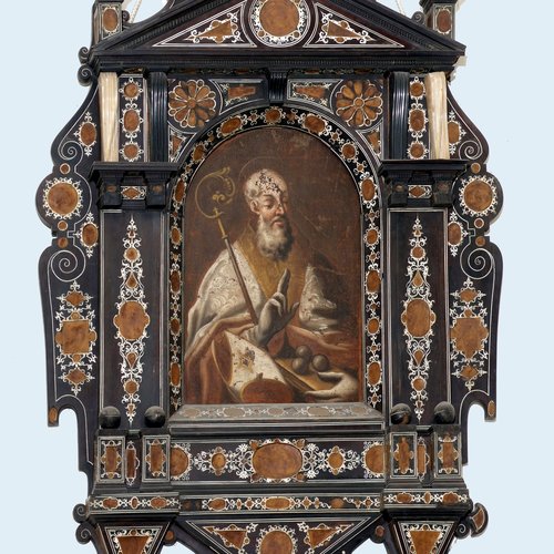 Cornica lignea con tela dipinta raffigurante S. Nicola, sec. XVII