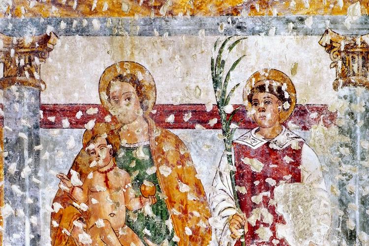 Chiesetta campestre di San Leonardo, affreschi della parete sinistra, Madibba e un Santo Diacono, sec.XVI, Variano