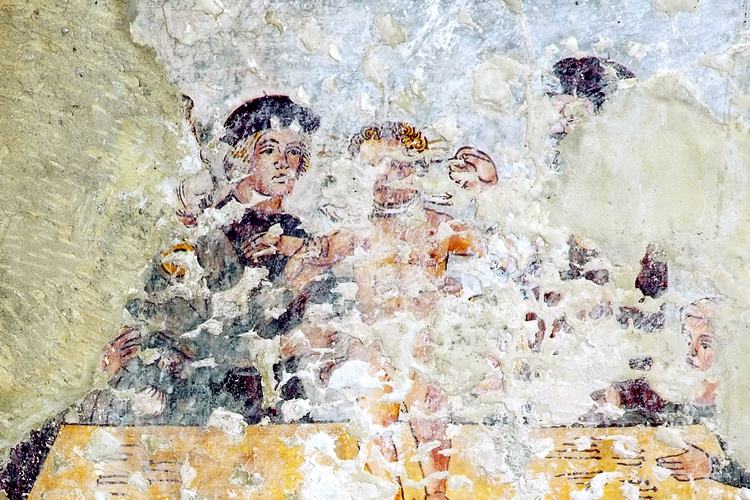 Chiesetta campestre di San Leonardo, affreschi della parete sinistra, Tortura di Simonino da Trento, sec.XVI, Variano