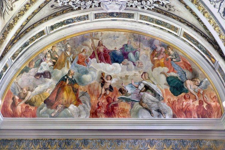 P. Venier, Madonna del Suffragio con i Santi Giacomo e Fabio, lunettone in controfacciata