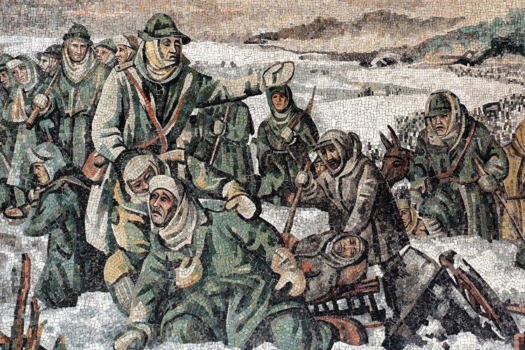 Fred Pittino (cartone) - Scuola mosaicisti del Friuli (esecuzione), La ritirata degli alpini, 1957, mosaico