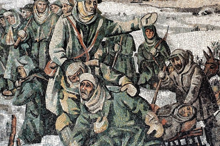 Fred Pittino (cartone) - Scuola mosaicisti del Friuli (esecuzione), La ritirata degli alpini, 1957, mosaico