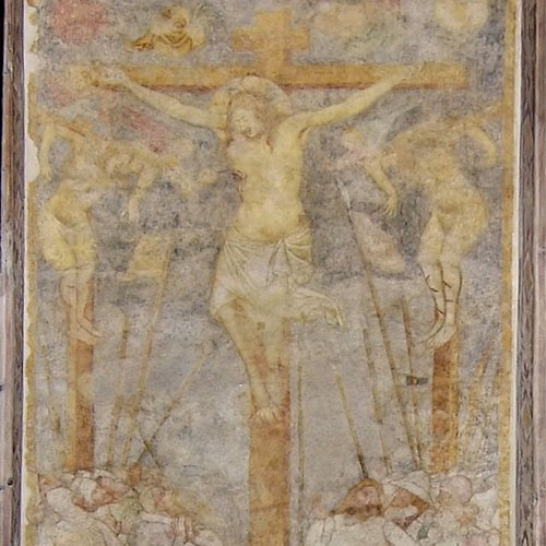 Duomo di Spilimbergo, cappella maggiore, Incoronazione della Vergine, Annunciazione, Crocifissione, 1358; Santi Vescovi, prima del 1358