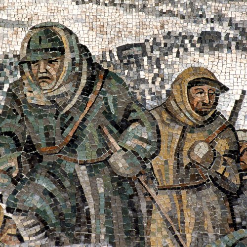 Fred Pittino (cartone) - Scuola mosaicisti del Friuli (esecuzione), La ritirata degli alpini, 1957, mosaico, particolare