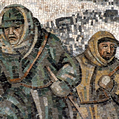 Fred Pittino (cartone) - Scuola mosaicisti del Friuli (esecuzione), La ritirata degli alpini, 1957, mosaico, particolare