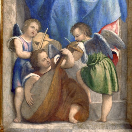 Angeli musicanti, particolare, Trittico del Pordenone, chiesa di San Lorenzo di Varmo
